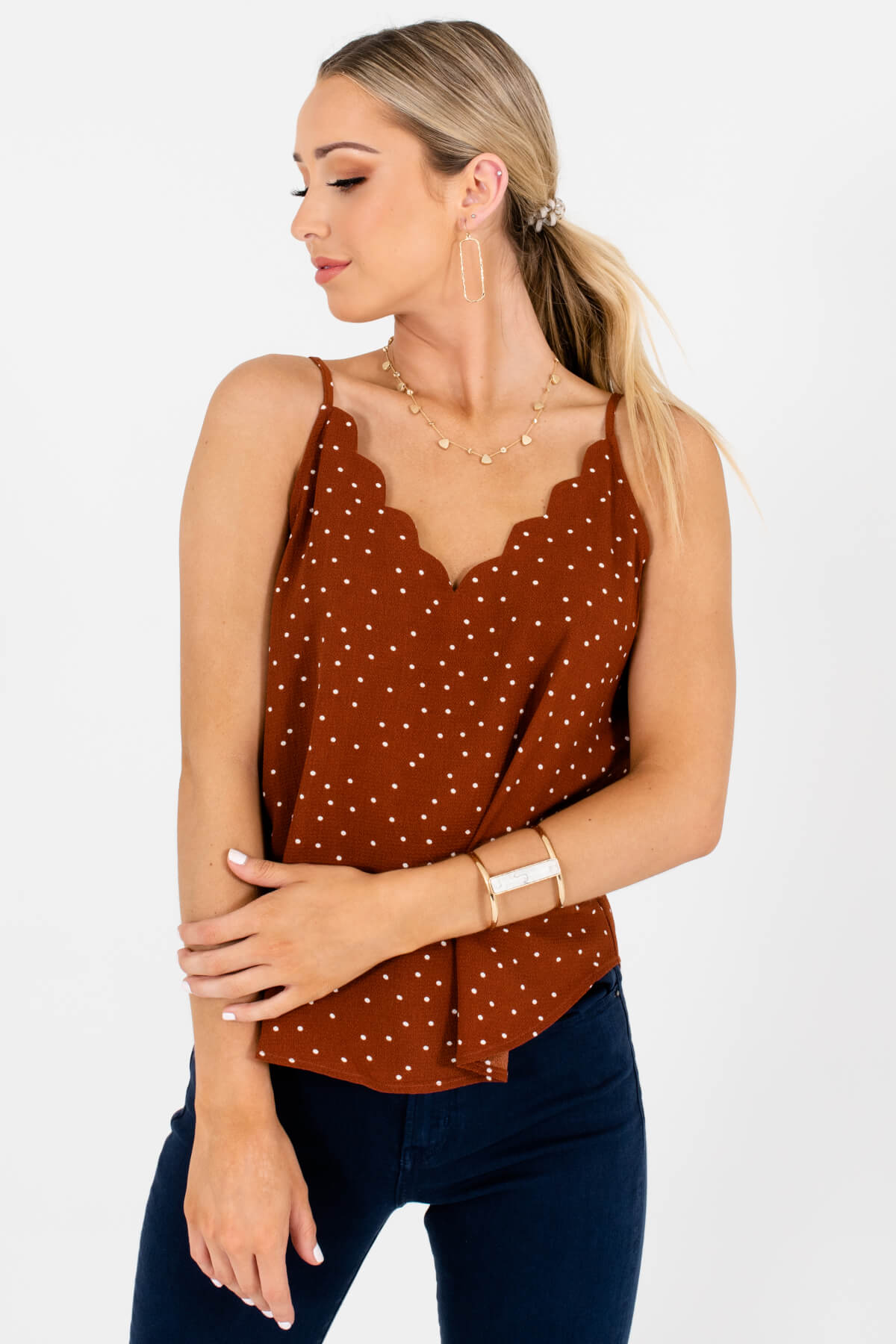 Rust Brown Polka Dot Tank Tops with Scalloped Neckline