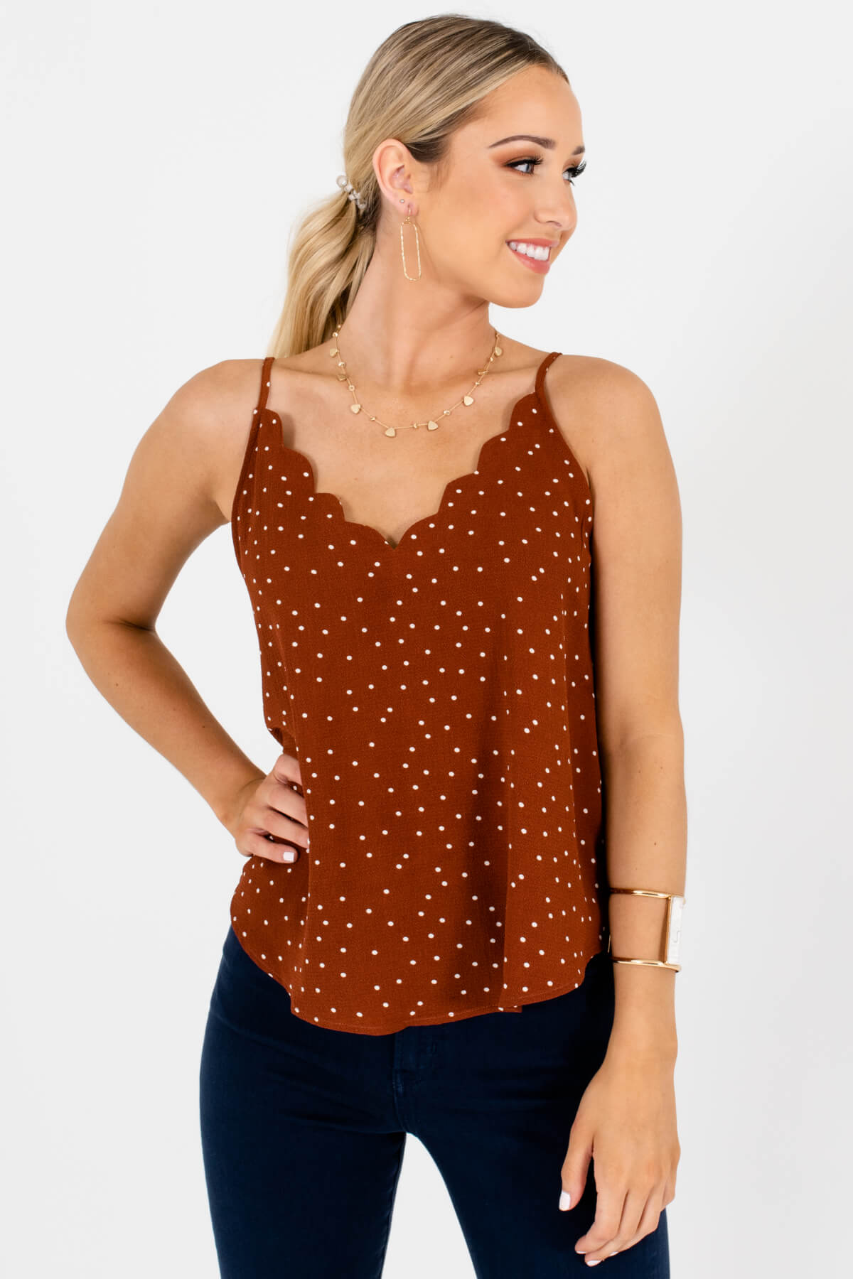 Rust Brown Polka Dot Scalloped Tank Tops Affordable Online Boutique