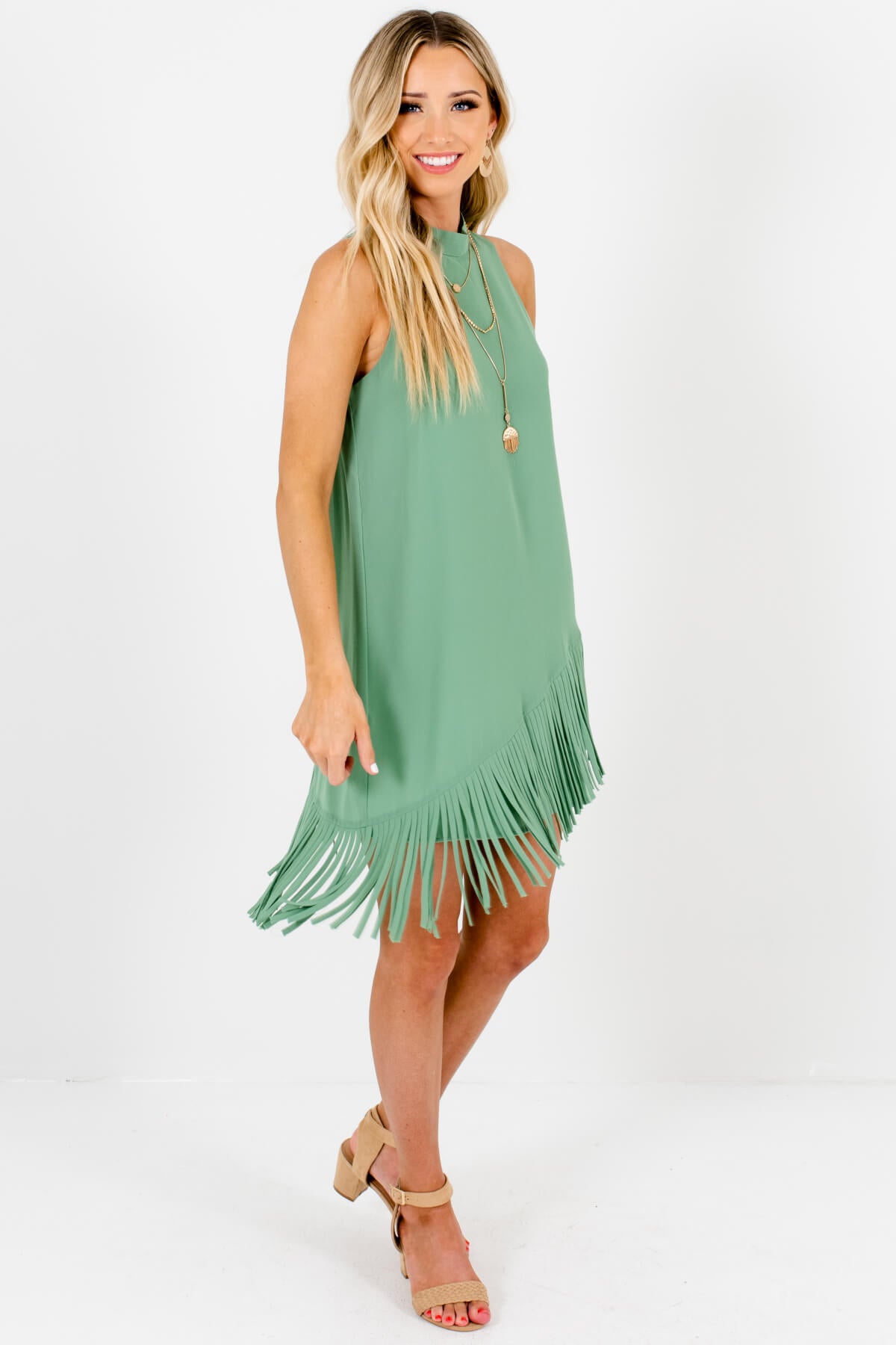 Green Asymmetrical Overlay Fringe Mini Dresses Affordable Boutique