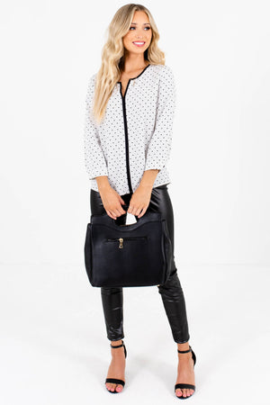 White and Black Patterned Business Casual Boutique Blouse