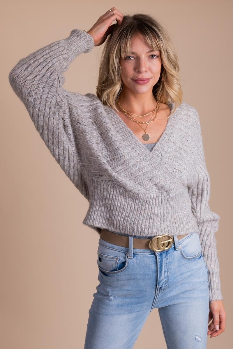 Women's Sweater  Wrap Style with Oversized Sleeves in Gray