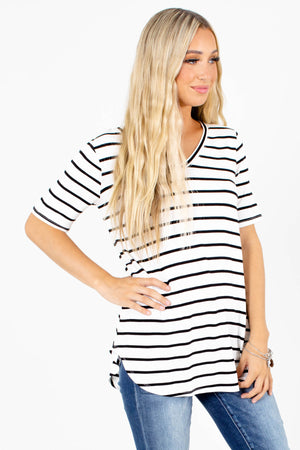 White and Black Striped Boutique Tops for Women