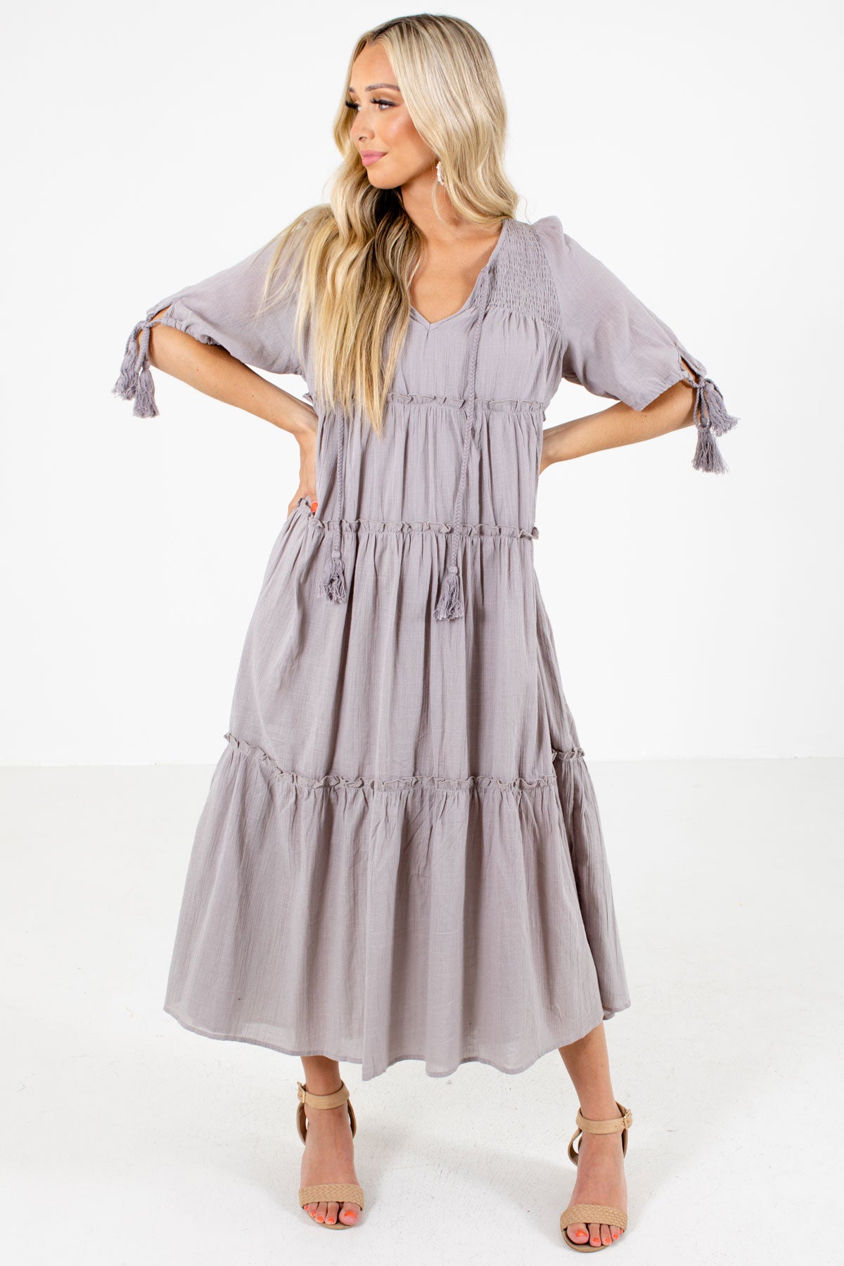 Gray Smocked Accented Boutique Maxi Dresses for Women
