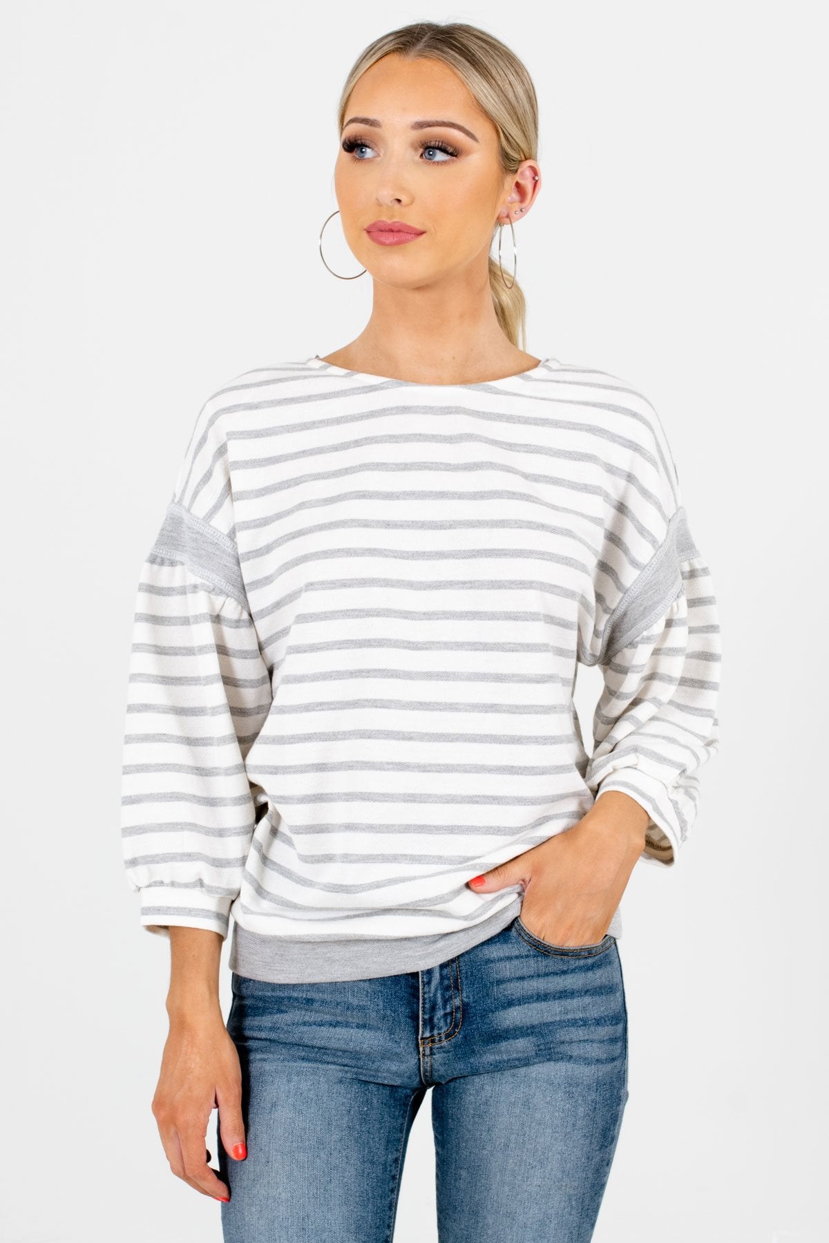 White and Gray Striped Pattern Boutique Tops for Women