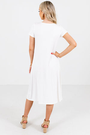Women's White High-Quality Ribbed Material Boutique Midi Dress