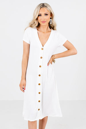 White Button-Up Front Boutique Midi Dresses for Women