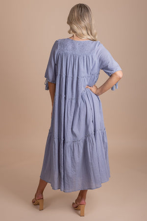 Dusty Blue Smocked Accented Boutique Maxi Dresses for Women