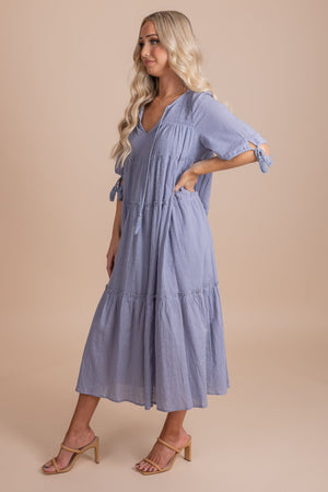 Dusty Blue Smocked Accented Boutique Maxi Dresses for Women