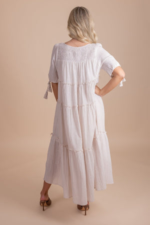 Cream Smocked Accented Boutique Maxi Dresses for Women