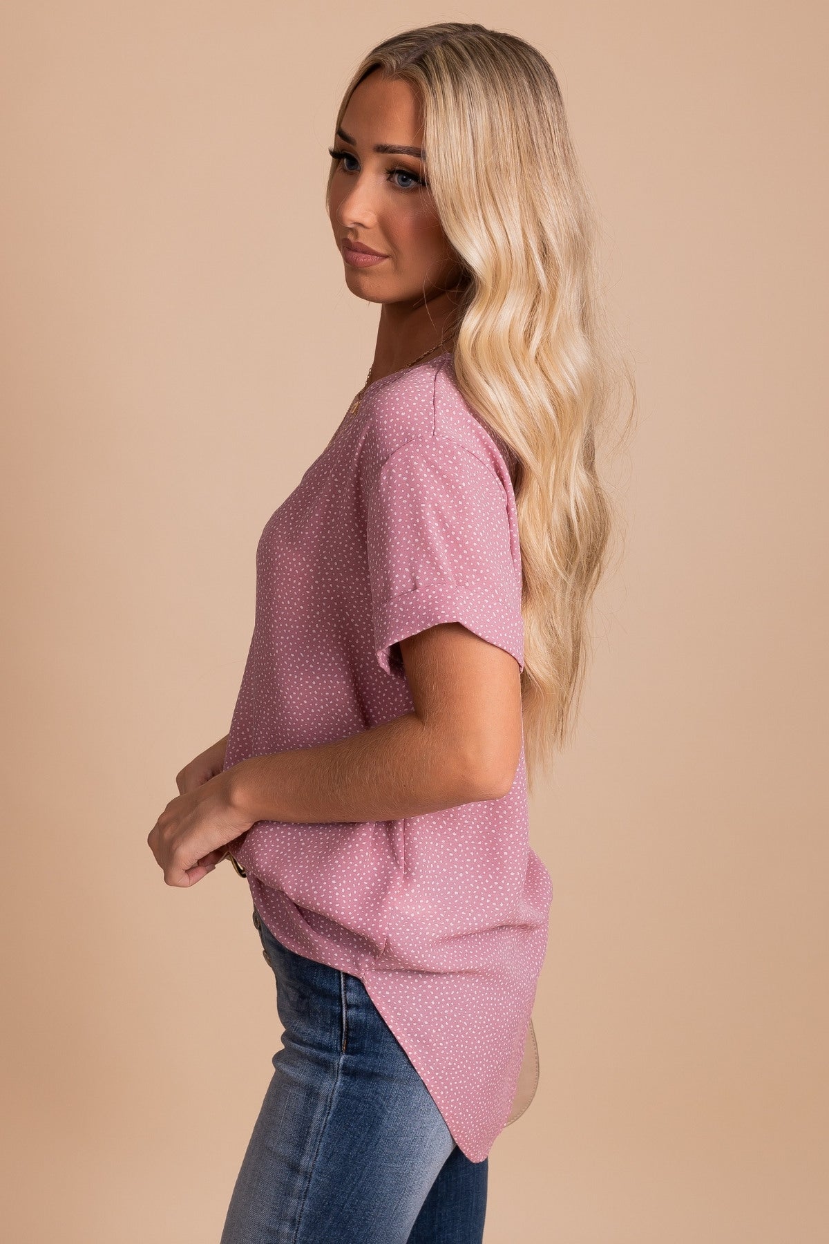 Pink Blouse with Cuffed Short Sleeves and High-Low Hem