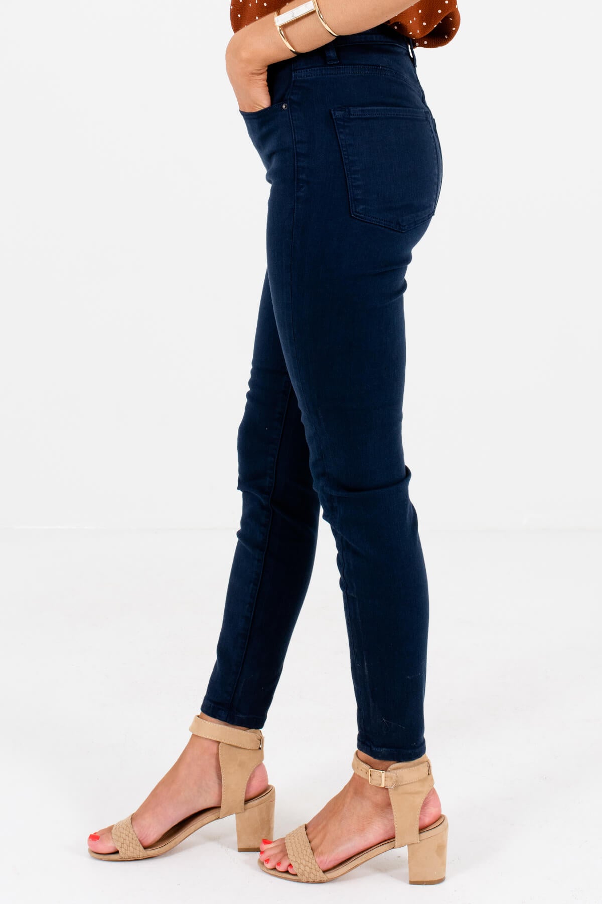 Navy Blue Silver Button and Zipper Front Boutique Jeans for Women
