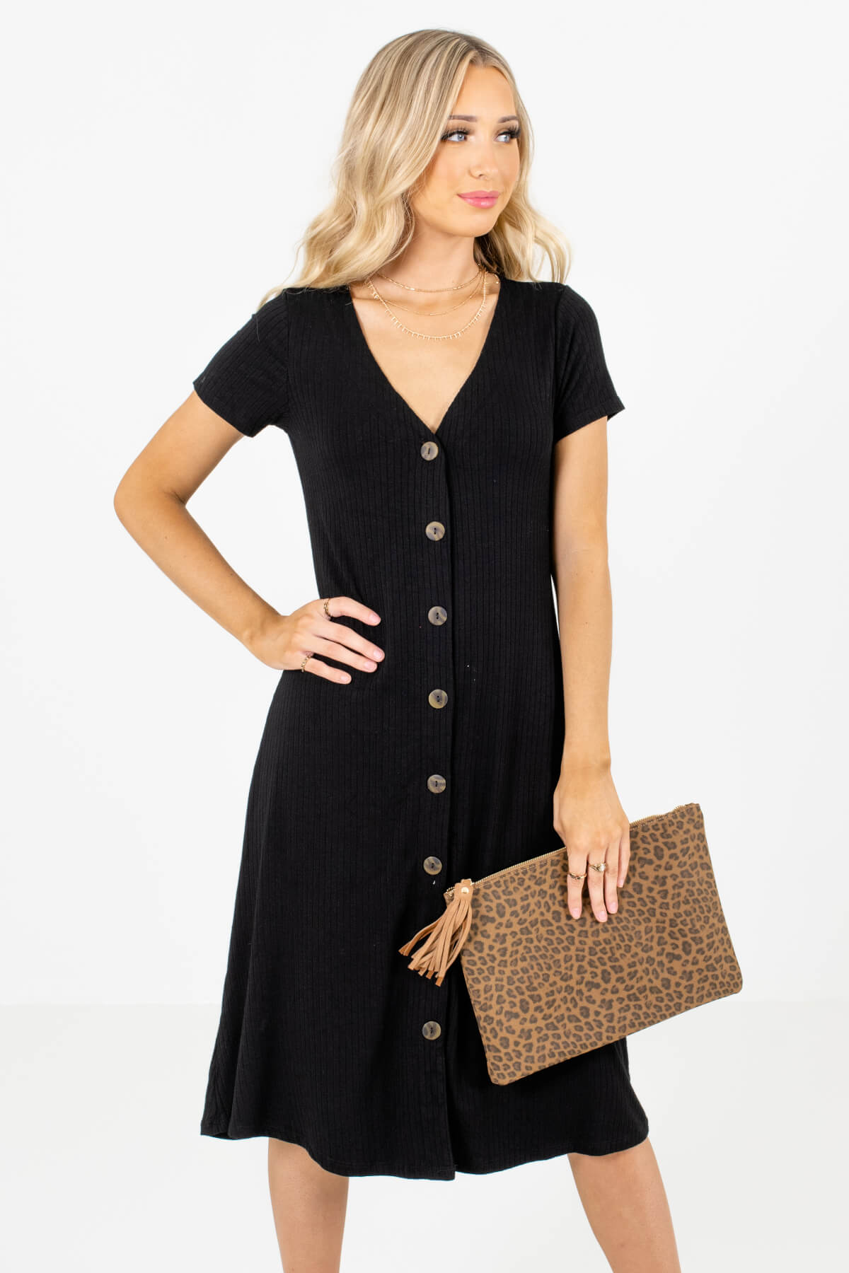 Black High-Quality Ribbed Material Boutique Midi Dresses for Women