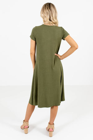 Women’s Olive Green Button-Up Front Boutique Midi Dress