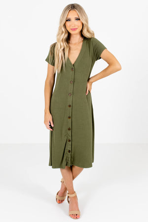 Olive Green High-Quality Ribbed Material Boutique Midi Dresses for Women