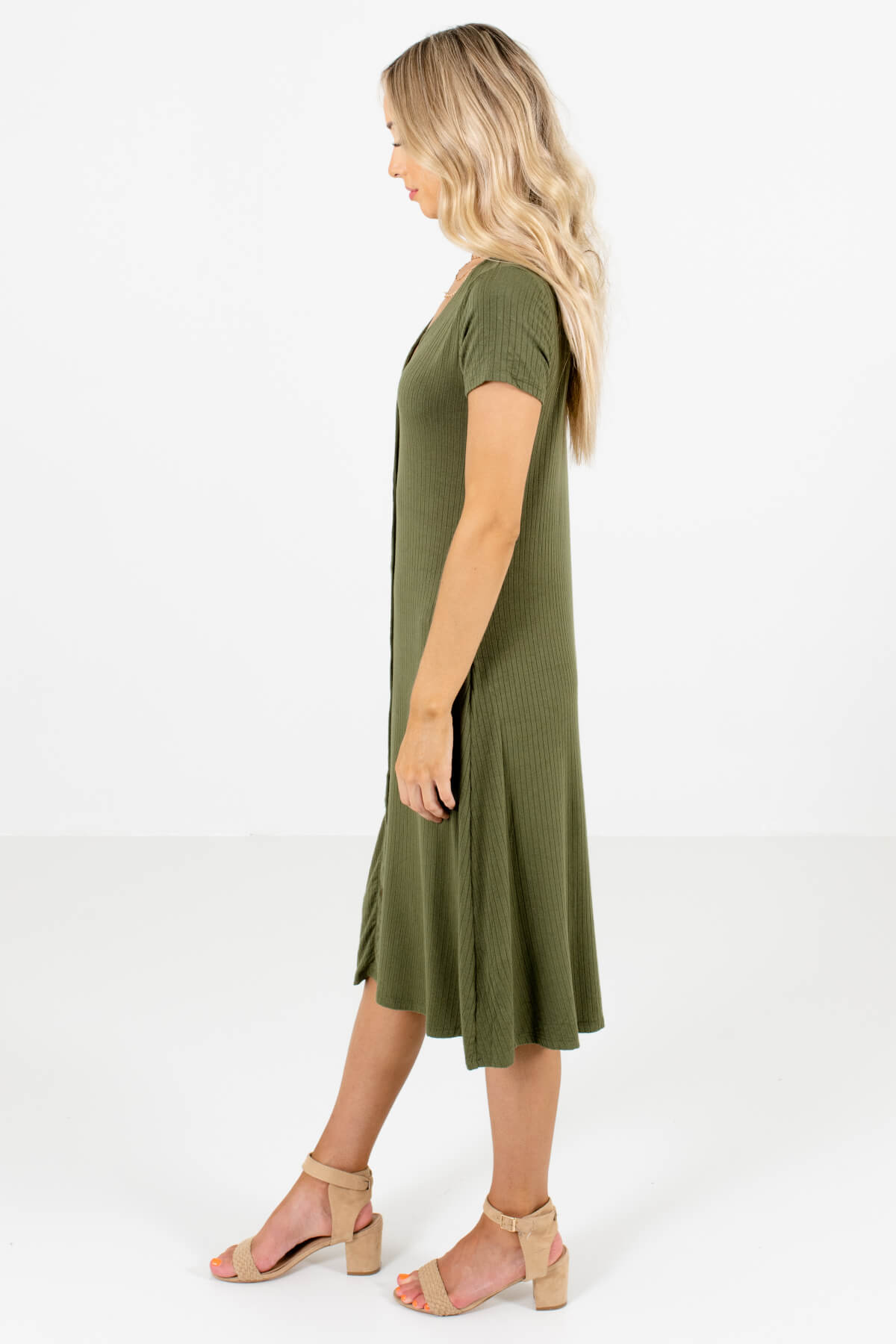 Olive Green V-Neckline Boutique Midi Dresses for Women