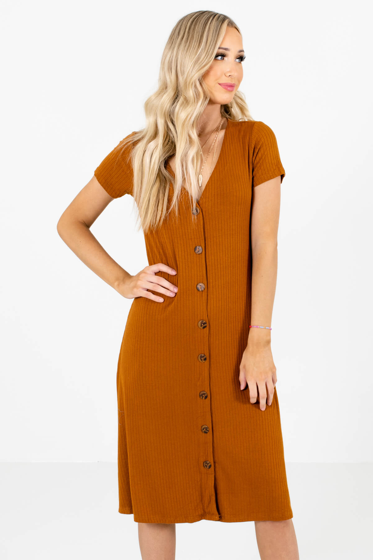 Rust Orange High-Quality Ribbed Material Boutique Midi Dresses for Women
