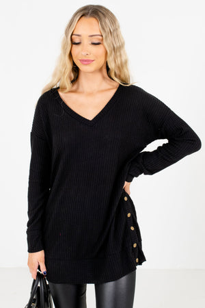 Black High-Quality Waffle Knit Boutique Tops for Women
