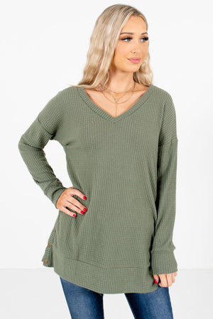 Olive Green High-Quality Waffle Knit Boutique Tops for Women