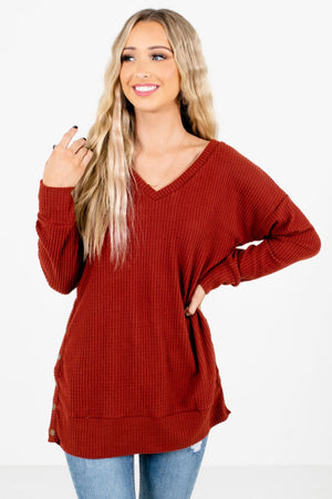 Rust Red High-Quality Waffle Knit Boutique Tops for Women