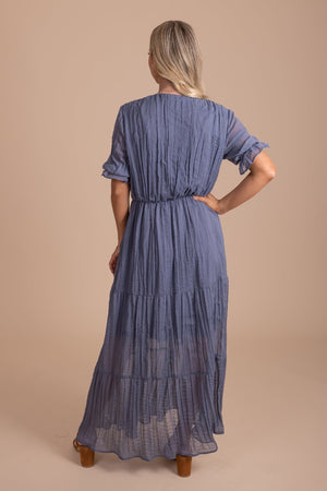 Women's Ruched Maxi Dress in Dusty Blue