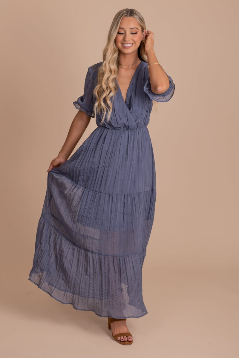 Women's Ruched Maxi Dress in Dusty Blue