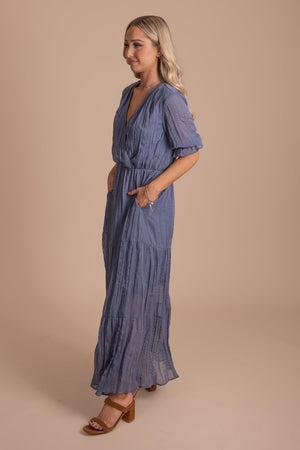Women's Ruched Maxi Dress in Dusty Blue