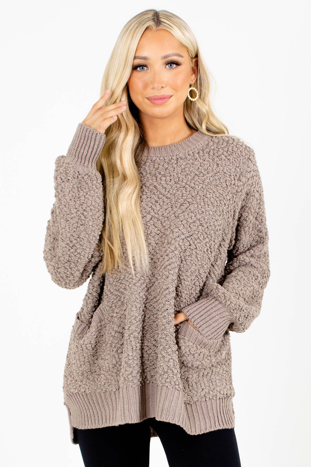 Brown Popcorn Knit Boutique Sweaters for Women