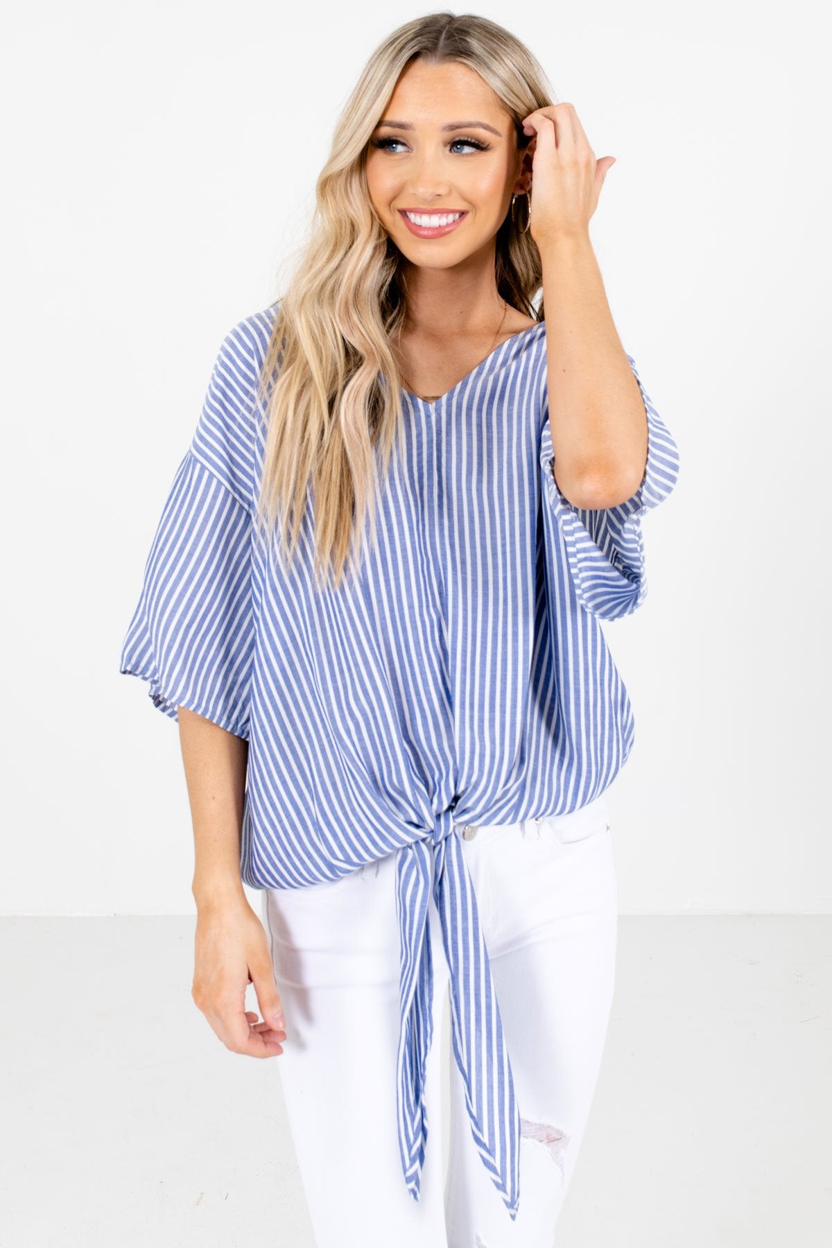 Blue and White Stripe Patterned Boutique Tops for Women