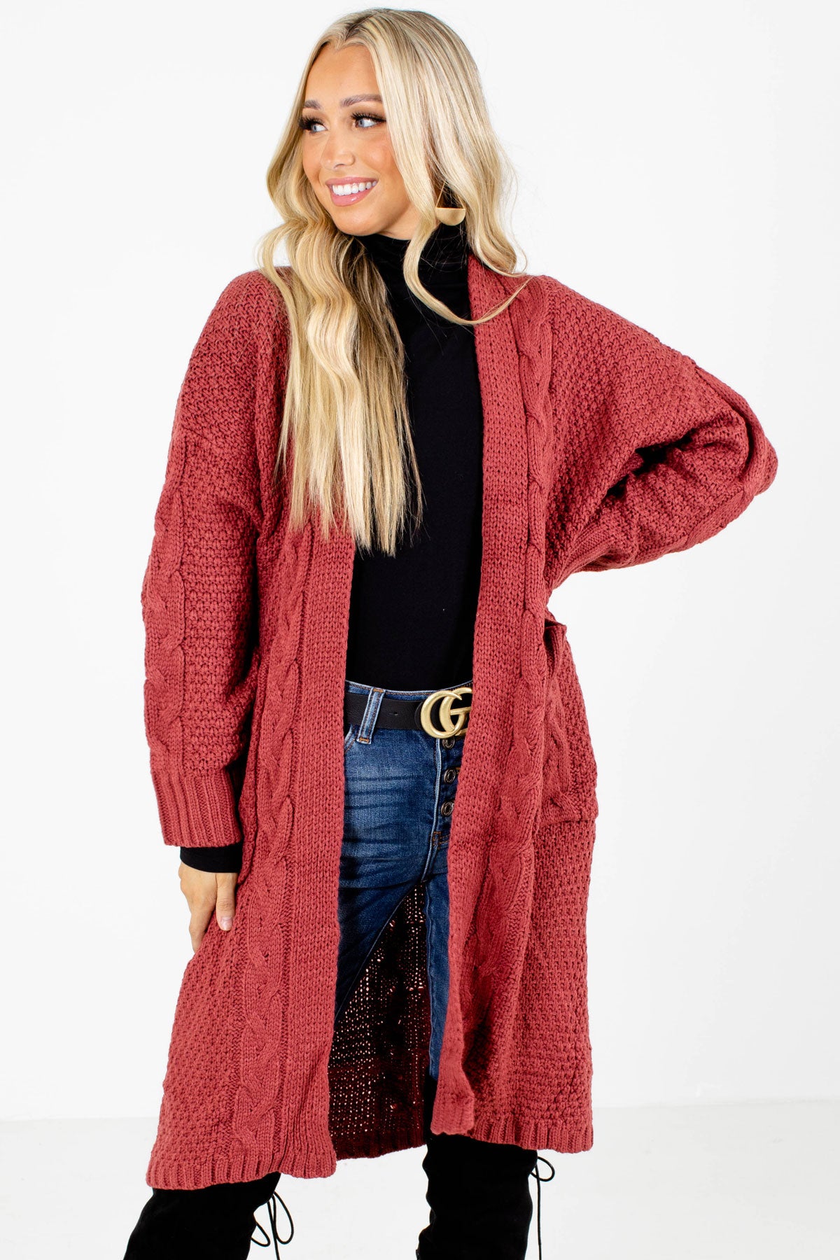Red Cable Knit Material Boutique Cardigans for Women