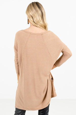 Women's Tan Brown Round Neckline Boutique Tops