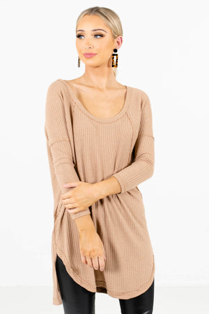 Women's Tan Brown Ribbed Material Boutique Tops