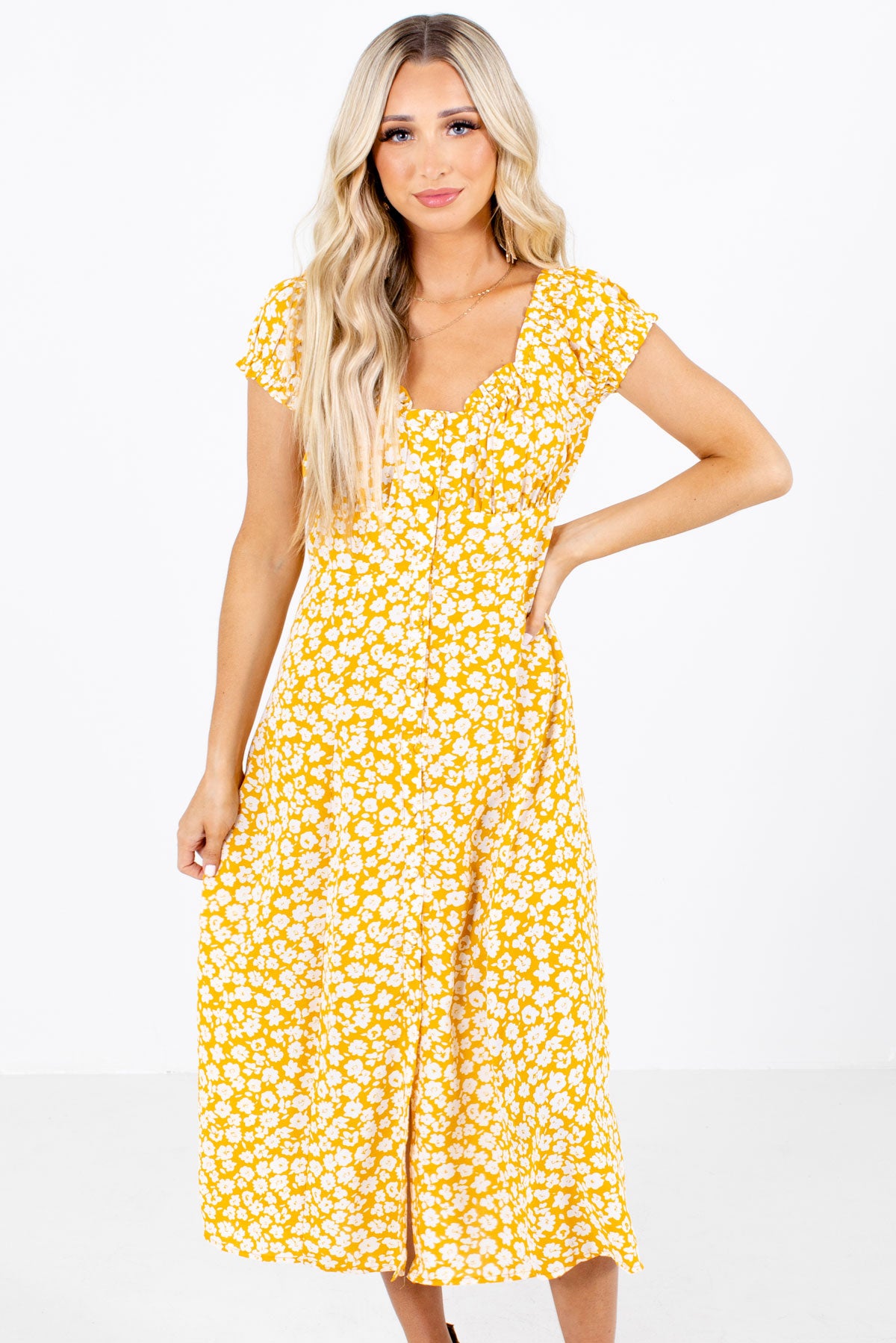 Yellow Floral Patterned Boutique Midi Dresses for Women