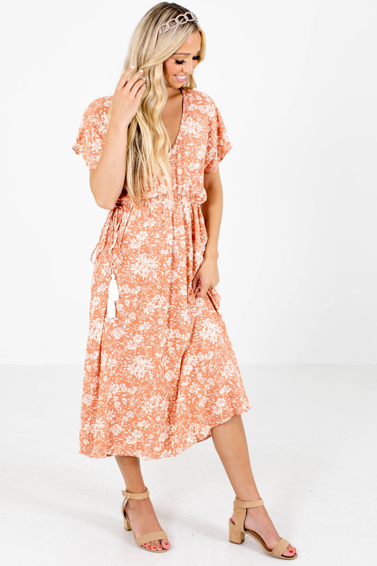 Pink and White Floral Patterned Boutique Midi Dresses for Women