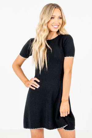 Black Mini Dress with White Lettuce-Edge Trim and Ribbed Material