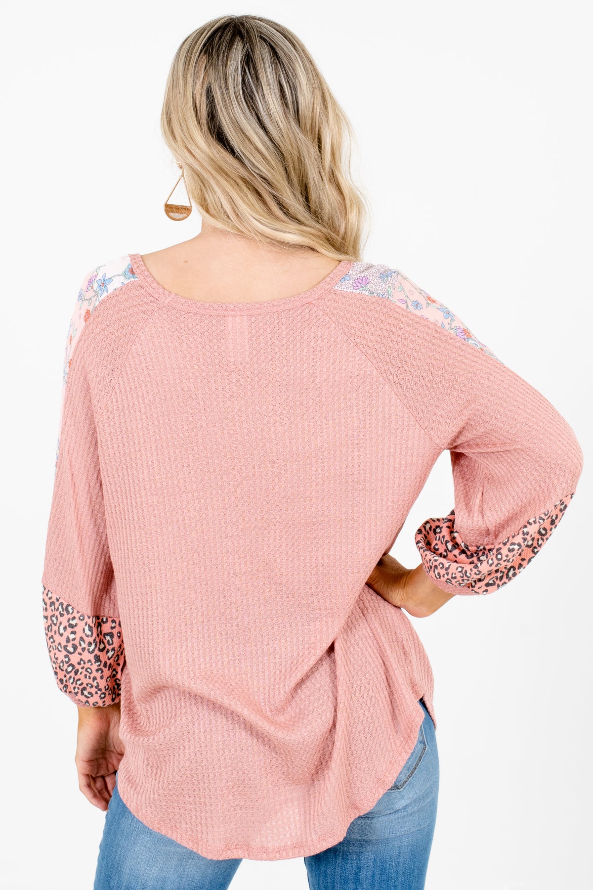 Women's Pink Waffle Knit Material Boutique Blouse