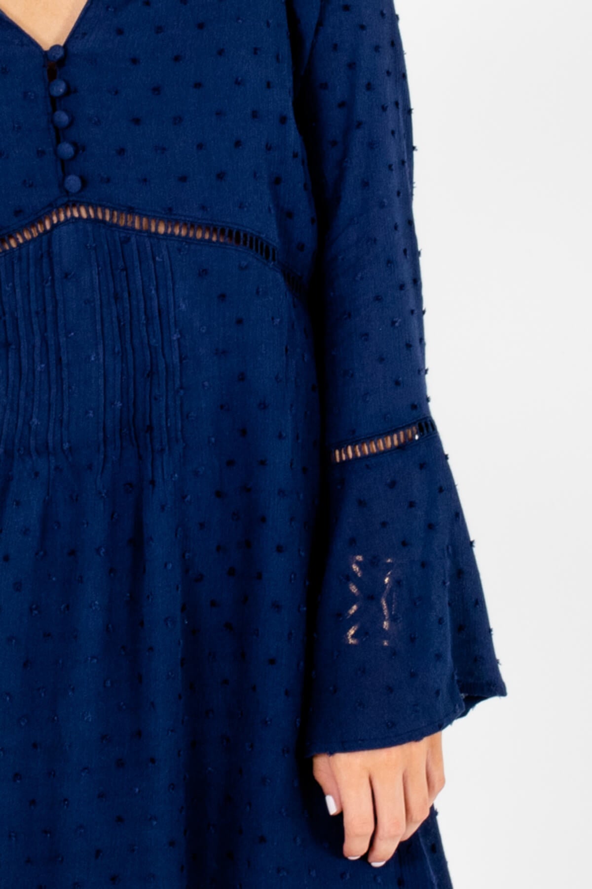 Navy Blue Peasant Mini Dresses with Ladder Lace and Bell Sleeves