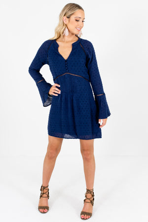Navy Blue Textured Polka Dot Ladder Lace Boutique Mini Dresses