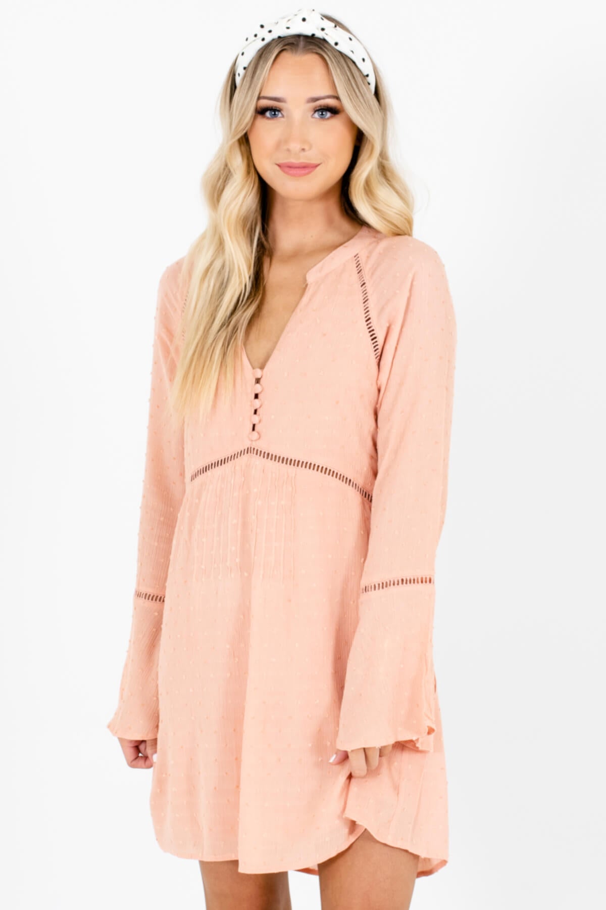 Pink Ladder Lace Textured Polka Dot Mini Dresses with Bell Sleeves