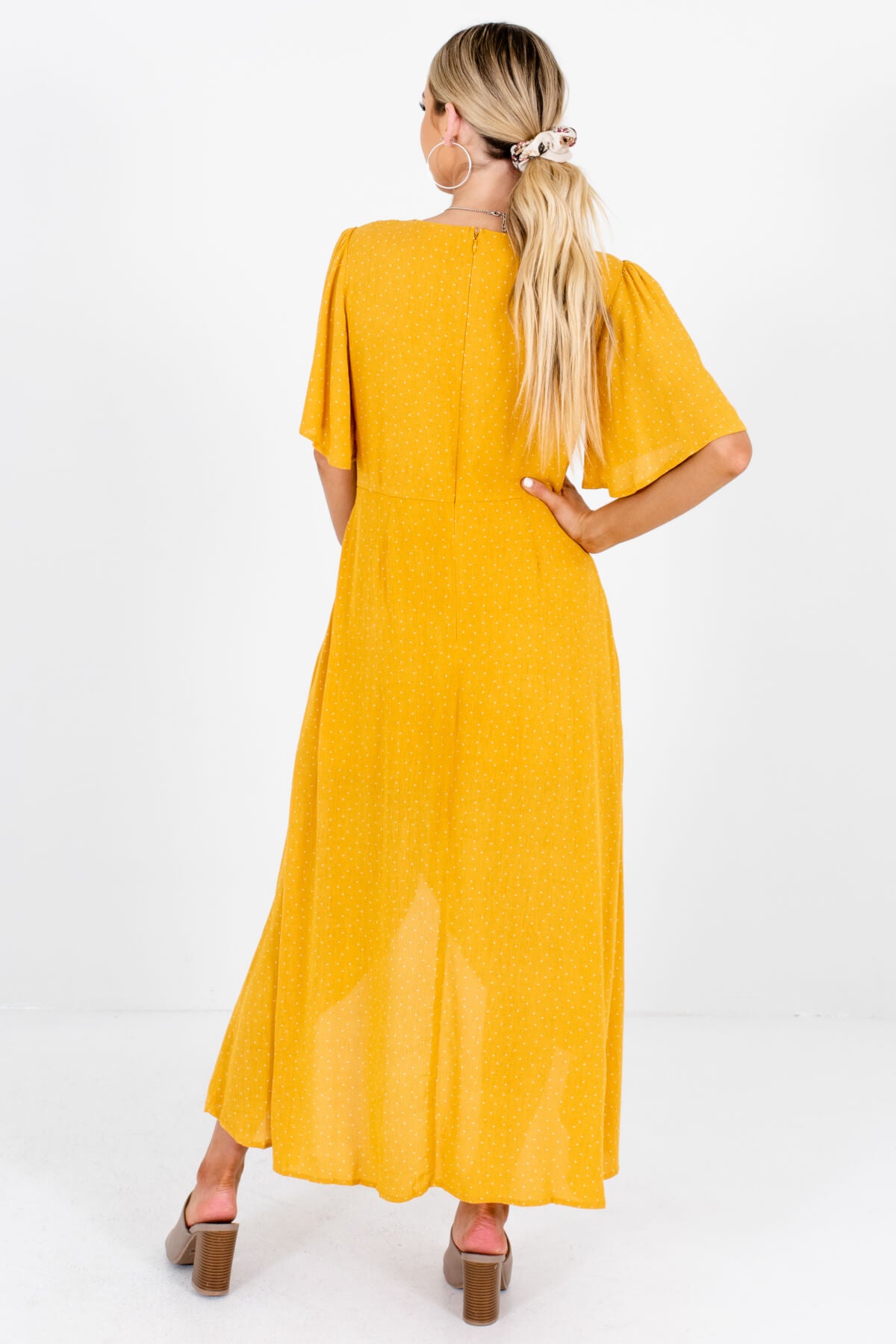 Women's Mustard Yellow Asymmetrical Button-Up Front Boutique Maxi Dress