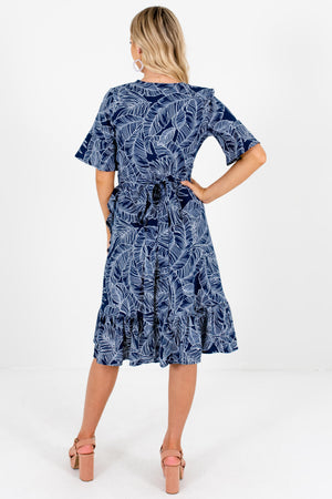 Navy Blue Tropical Palm Print Knee-Length Wrap Dresses for Women