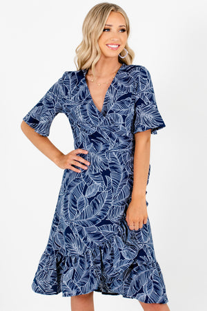 Navy Blue White Tropical Palm Print Knee-Length Wrap Dresses