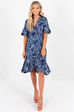 Navy Blue White Palm Print Wrap Dresses Affordable Boutique