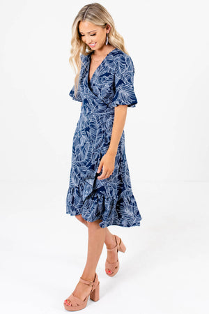 Navy Blue Palm Leaf Print Knee-Length Wrap Dresses