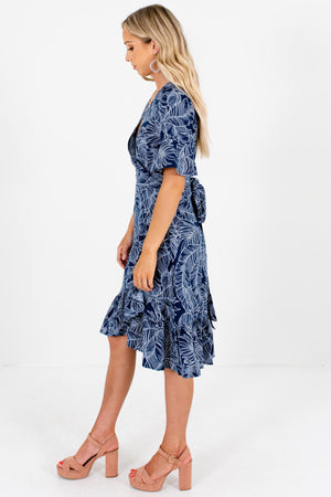 Navy Blue White Palm Leaf Print Knee-Length Wrap Dresses