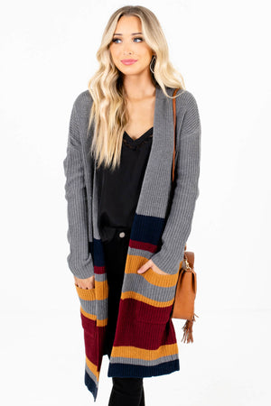 Gray Multicolored Striped Boutique Cardigans for Women