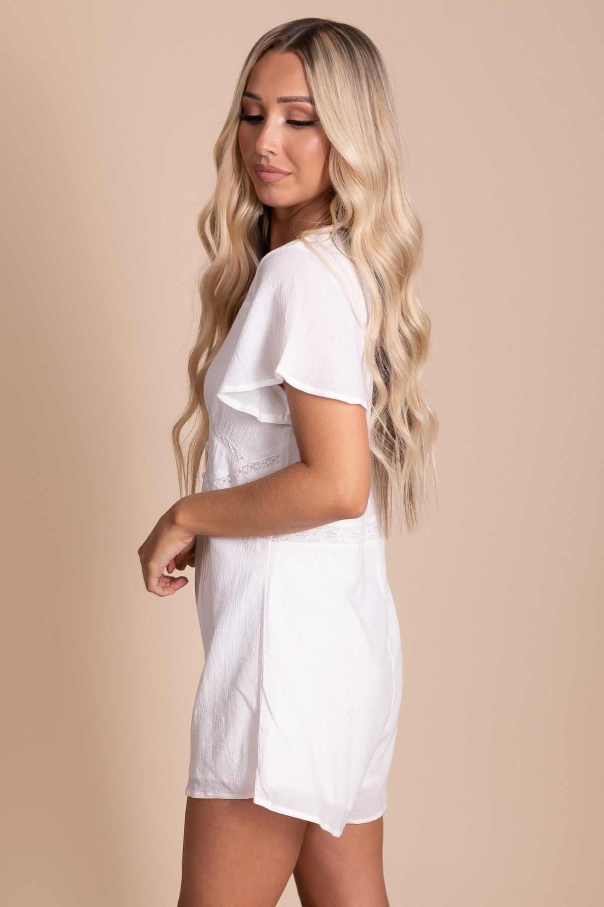 Women's Romper in White with Lace Details