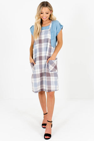 Blue Brown Cream Plaid Knee-Length Overall Dresses with Pockets