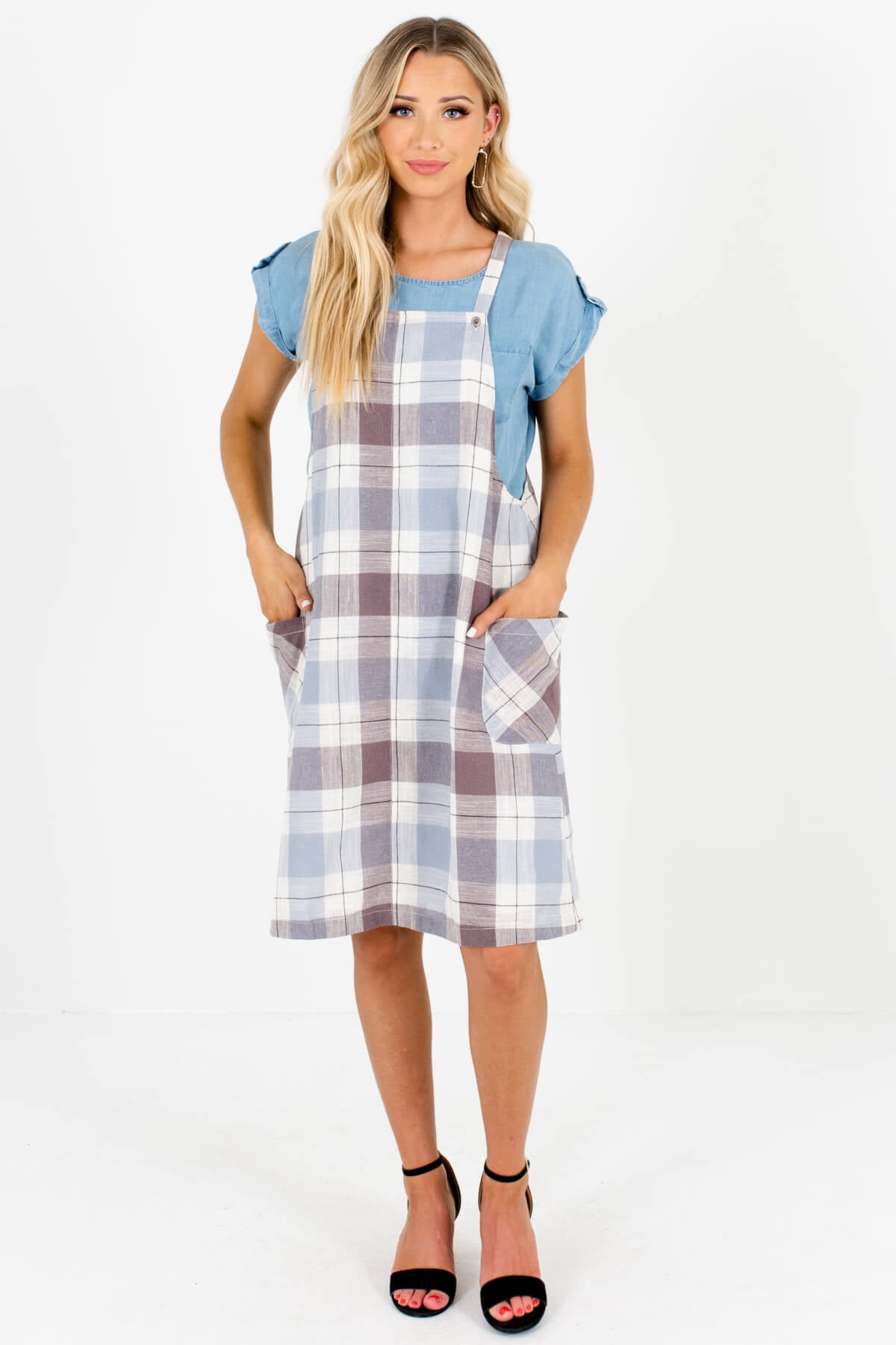 Blue Cream Brown Plaid Knee-Length Overall Dresses with Pockets