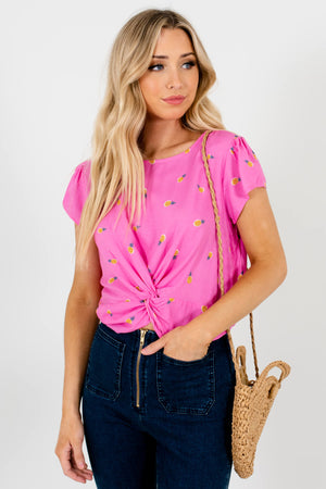 Pink Multicolored Pineapple Patterned Boutique Tops for Women