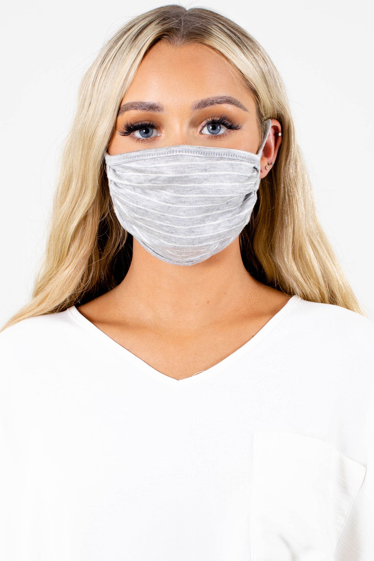 Gray and White Striped Boutique Face Masks for Women